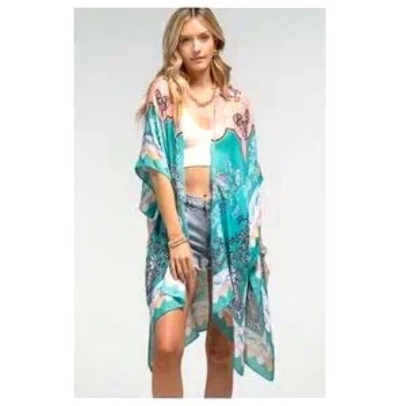Kimono Lightweight Aqua and Peach ColorsOne Size - Picture 1 of 6